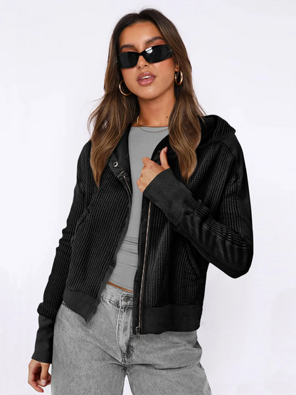 Wholesale Women's Zipper Hooded Jacket - Casual Solid Color Long Sleeve Design