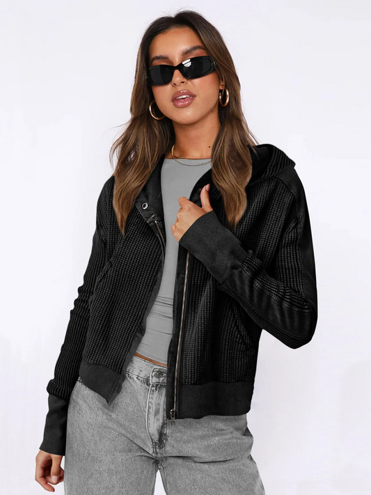 Wholesale Women's Zipper Hooded Jacket - Casual Solid Color Long Sleeve Design