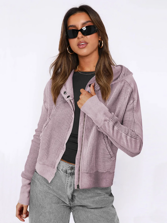 Wholesale Women's Zipper Hooded Jacket - Casual Solid Color Long Sleeve Design