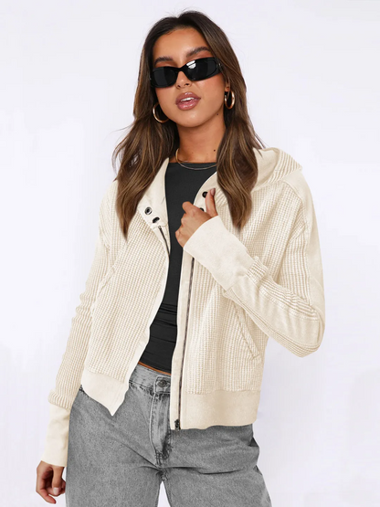 Wholesale Women's Zipper Hooded Jacket - Casual Solid Color Long Sleeve Design