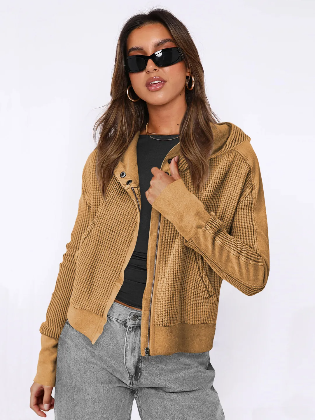 Wholesale Women's Zipper Hooded Jacket - Casual Solid Color Long Sleeve Design