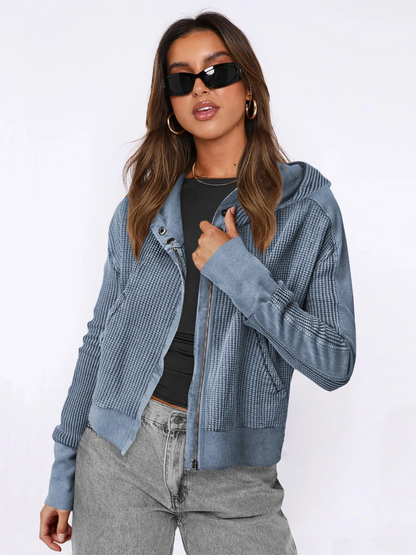 Wholesale Women's Zipper Hooded Jacket - Casual Solid Color Long Sleeve Design
