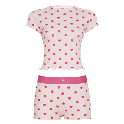 Casual Pajamas Set Love Print Short-Sleeve T-Shirt Two-Piece Set