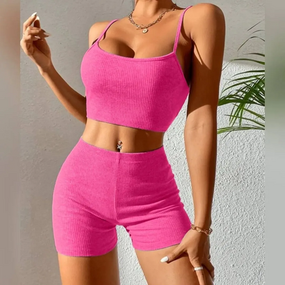 Sexy Solid Color Camisole and High Waist Shorts Two-Piece Set