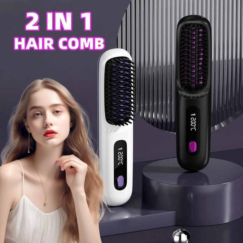 2 In 1 Straight Hair Comb Wireless Hair Straightener Brush Hair Fast Heating Portable Hot Curler USB Charging MultyPros