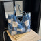 Women's Large Capacity Denim Color-contrast Check Idle Style Shoulder Commute Leisure Handbag MultyPros