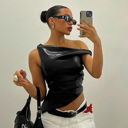 Sexy Irregular PU Crop Top Women