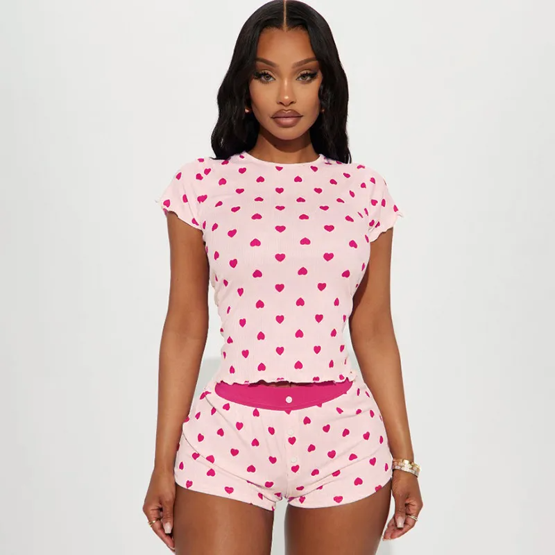Casual Pajamas Set Love Print Short-Sleeve T-Shirt Two-Piece Set