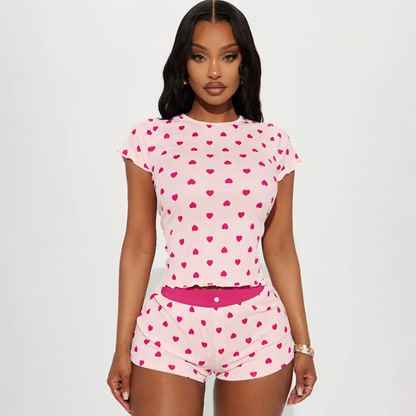 Casual Pajamas Set Love Print Short-Sleeve T-Shirt Two-Piece Set