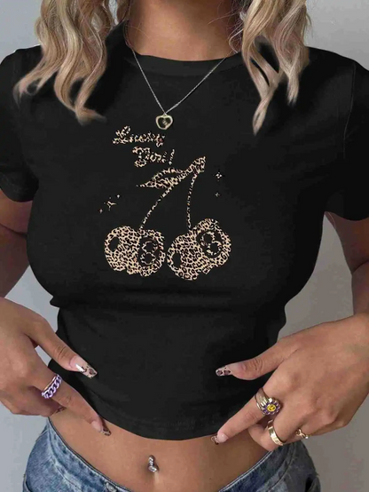 Wholesale Women Fashion Leopard Cherry Print Short Sleeve Cropped Top Tee