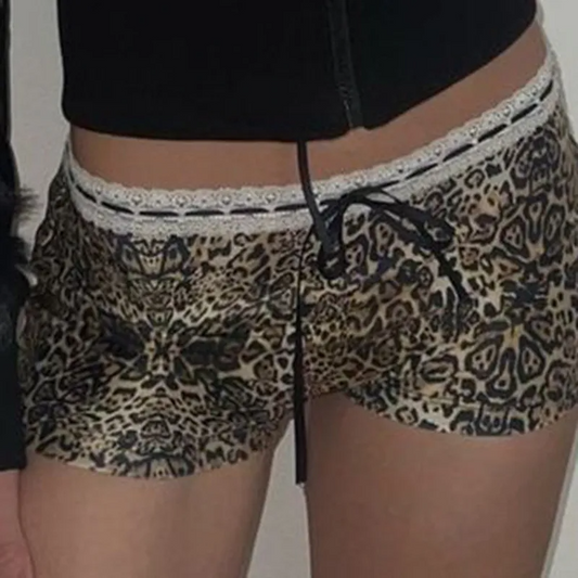 Wholesale Women Fashion Sexy Leopard Lace Stitching High Waist Stretch Shorts