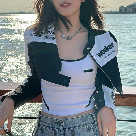 Women Biker Letter Print Baseball Jacket