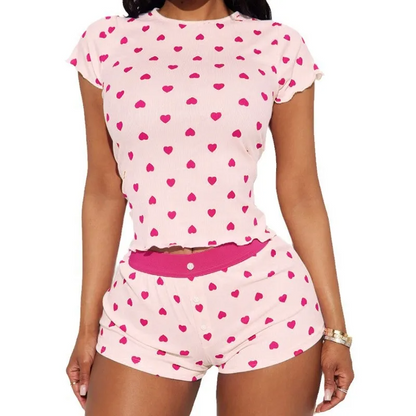 Casual Pajamas Set Love Print Short-Sleeve T-Shirt Two-Piece Set