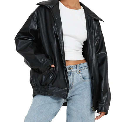 Wholesale Punk Jacket for Women - Fashionable Solid Color Long Sleeve Zipper PU Jacket