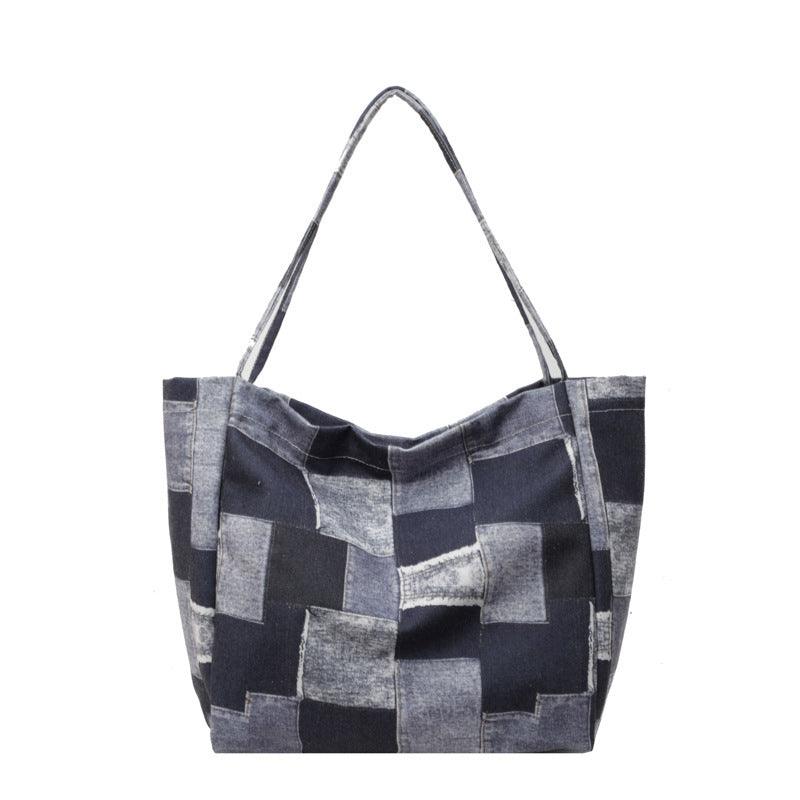 Women's Large Capacity Denim Color-contrast Check Idle Style Shoulder Commute Leisure Handbag MultyPros