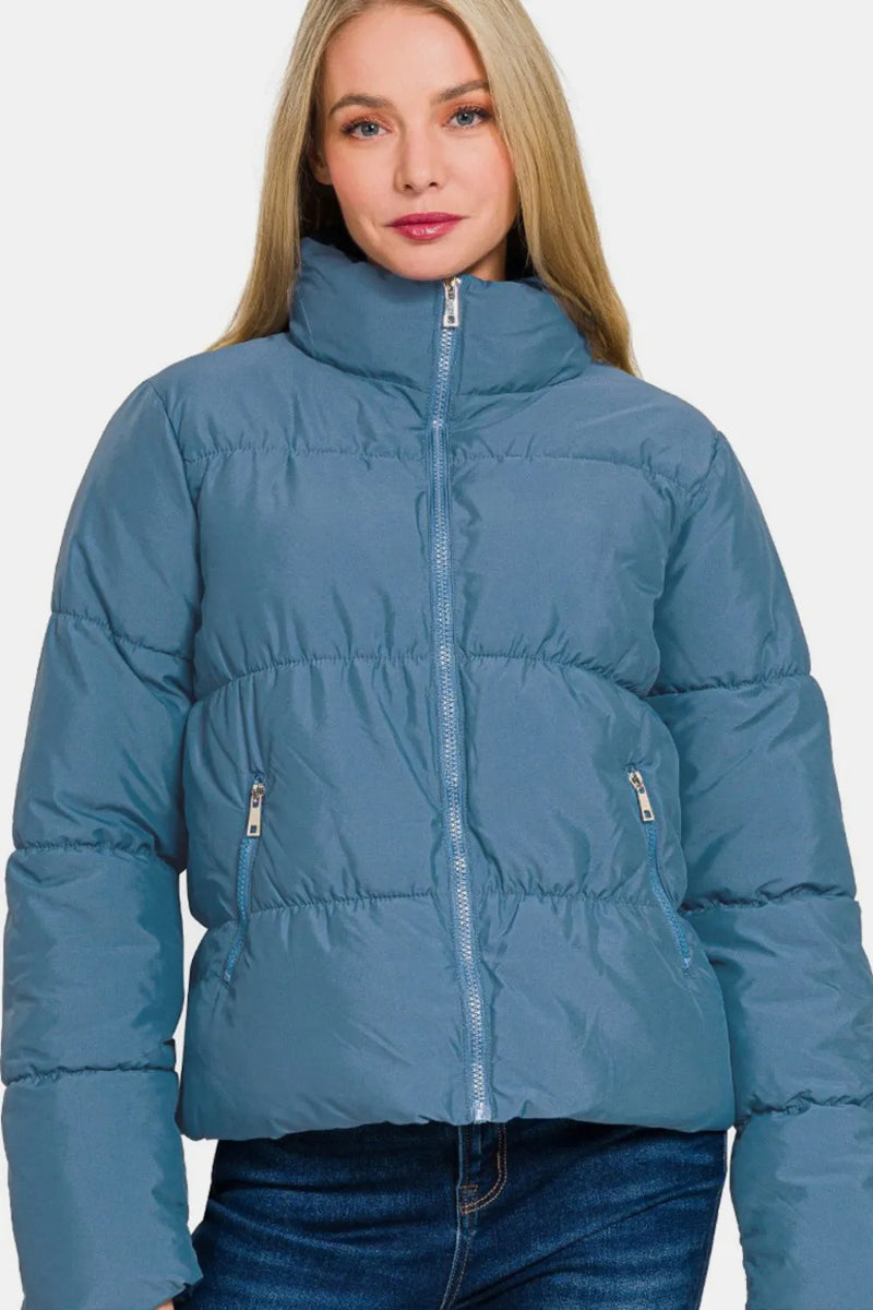 Zenana Zip Up Turtleneck Puffer Jacket With Pockets