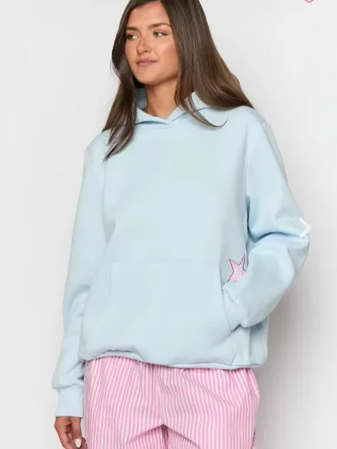 Light blue fashion hoodies with pocket for women by Multypros featuring a relaxed fit and star detail