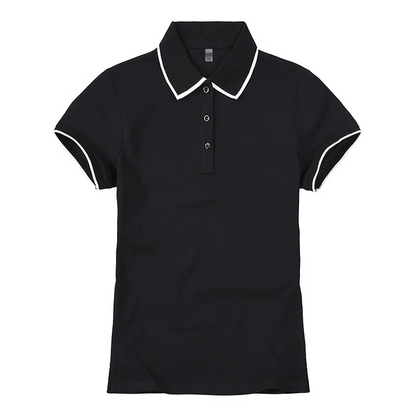 Black polo shirt with white trim on a white background