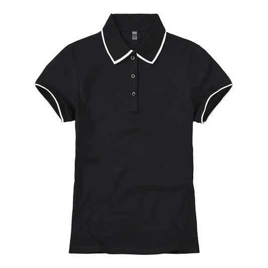 Black polo shirt with white trim on a white background