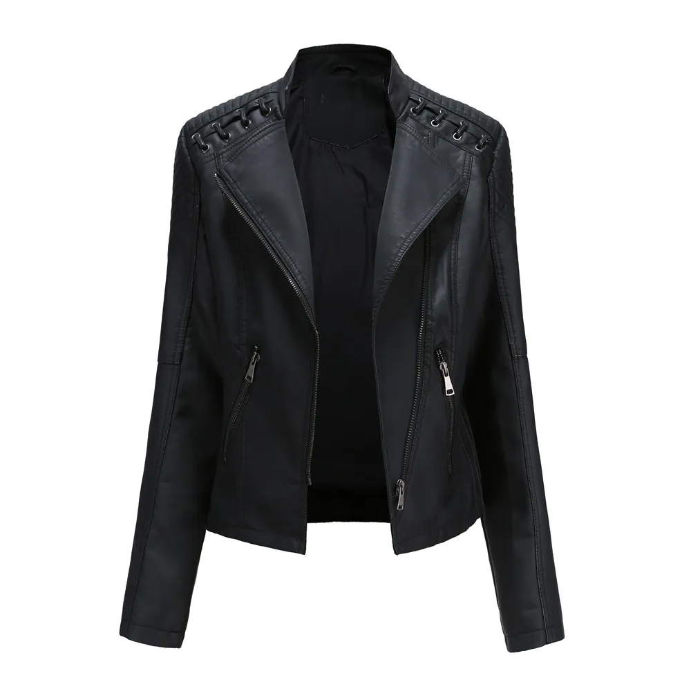 Solid color PU leather jacket for women by Multypros in black with zipper and lace-up details