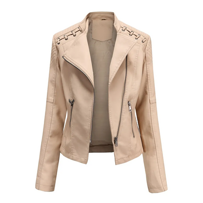Beige solid color PU leather jacket for women with zipper pockets and stitched detailing