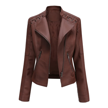 Multypros solid color PU leather jacket for women in dark brown with zipper and lace-up shoulder details
