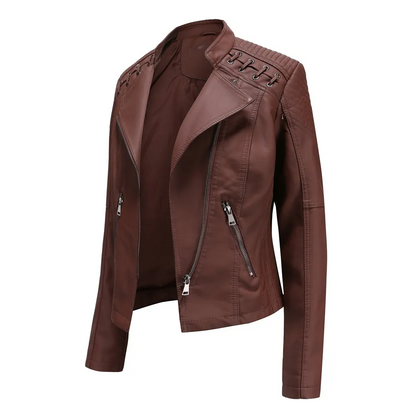 Brown solid color PU leather jacket for women with zipper pockets and decorative shoulder details