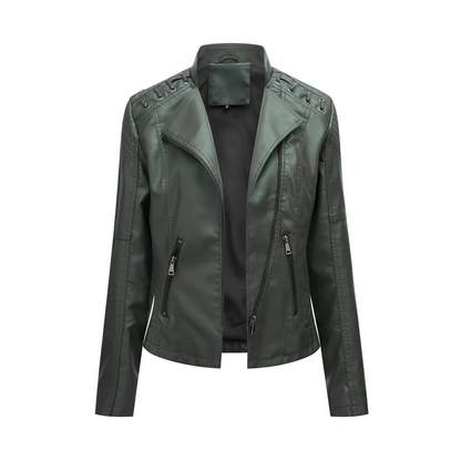 Multypros solid color PU leather jacket for women in dark green with zipper details