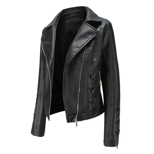 Multypros black leather stylish strap detail women's jacket with zippered front and lace accents