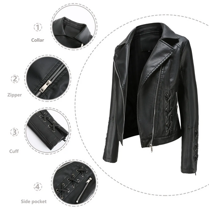Multypros stylish strap detail women's jacket black leather with collar zipper cuffs and side pockets