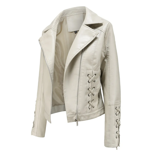 Multypros stylish strap detail women's jacket in white leather with zipper and laced accents