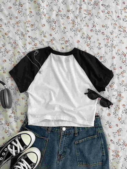 Multypros black and white trendy crop top for women paired with denim shorts and sneakers