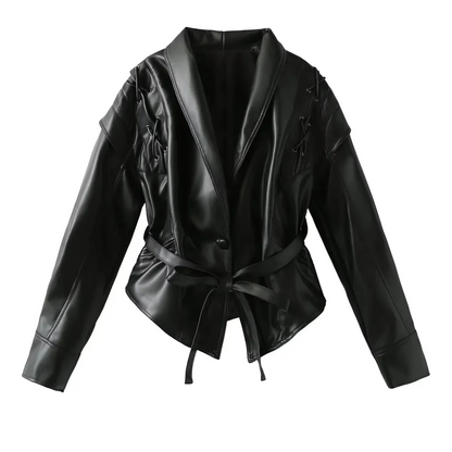 Your Brand black faux leather coat with belted waist and lace-up detailing on sleeves