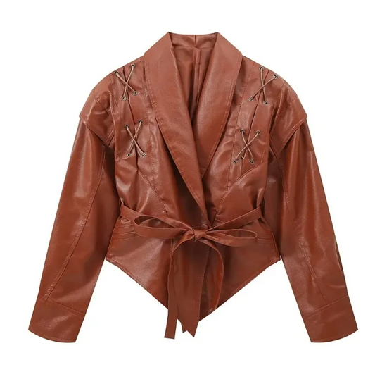 Brown faux leather coat with lace-up details and waist tie belt from Your Brand