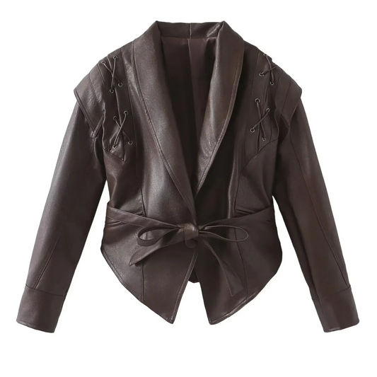 Your Brand brown leather coat with lace-up shoulder details and waist tie belt