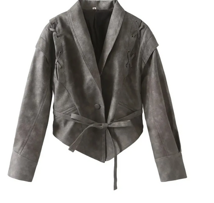 Your Brand gray suede coat with belt and long sleeves featuring crisscross lace details