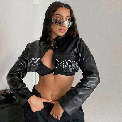 Black cropped leather fashion baseball jacket for women styled with sunglasses and black crop top