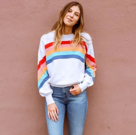 white sweatshirt with colorful rainbow stripes wholesale casual womens sweaters style
