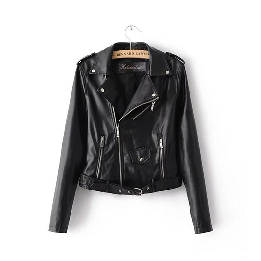 Black leather wholesale moto jacket for women by Multypros with zip and belt detail