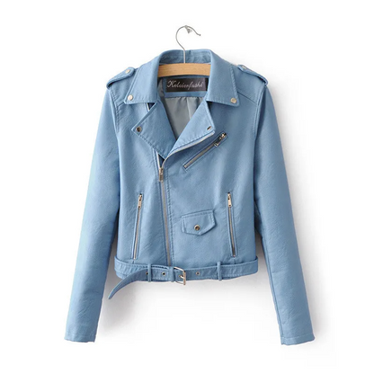 Multypros light blue leather wholesale moto jacket for women with zipper pockets and belt detail