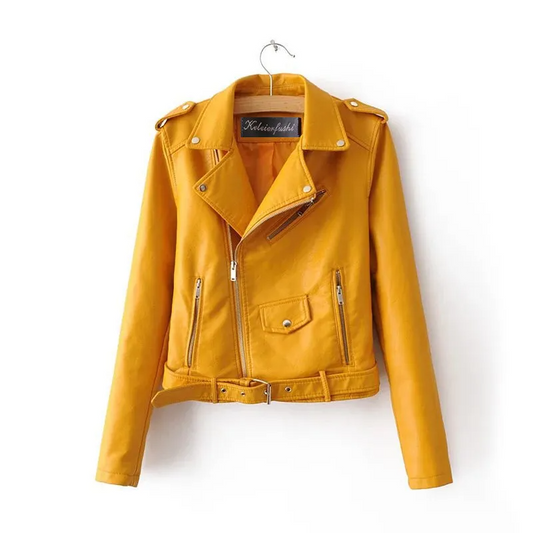 Yellow leather wholesale moto jacket for women with zippered pockets and belt by Multypros