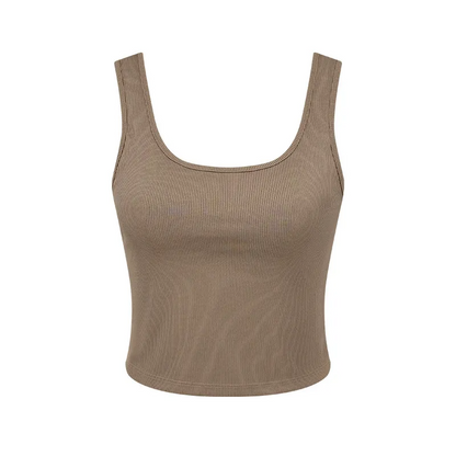 Multypros wholesale women's crop tank tops in brown ribbed fabric with scoop neckline