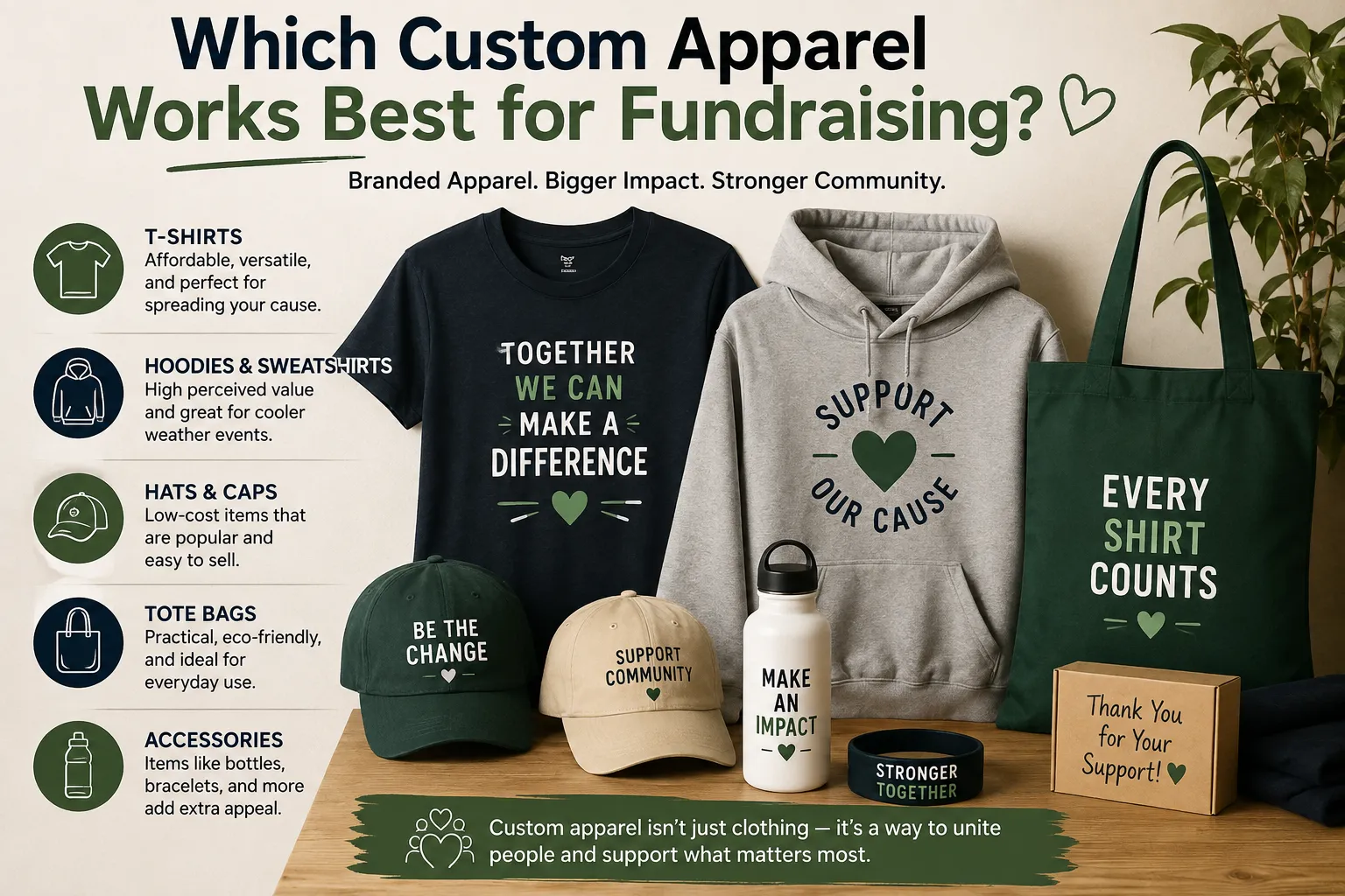 Which Custom Apparel Works Best for Fundraising? Custom fundraising apparel featuring custom t-shirts, hoodies, hats, tote bags, and promotional accessories designed to raise awareness, engage supporters, and boost fundraising campaigns.
