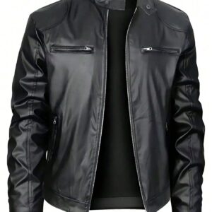 Men's Stand-up Collar Leather Jacket Business Casual Jacket