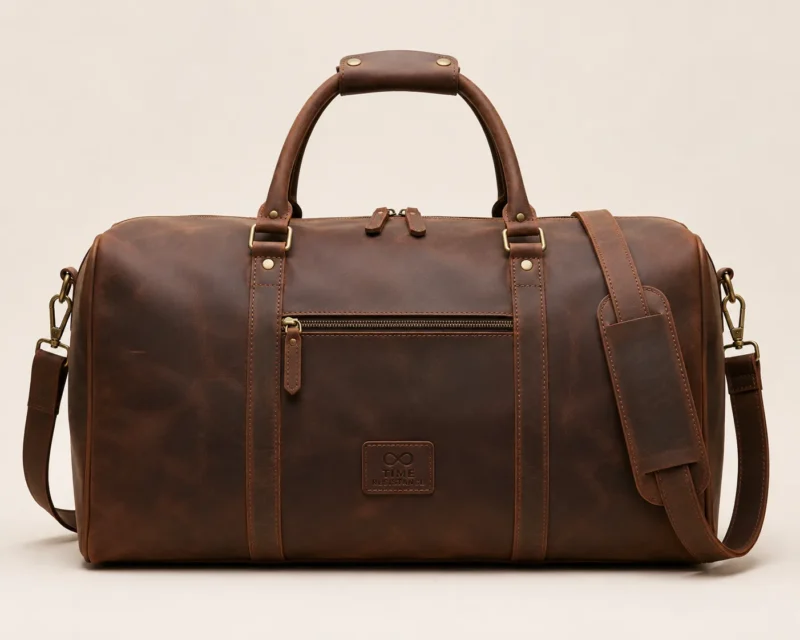 Brown Leather Vintage brown leather duffel travel bag with handles, shoulder strap, front zipper pocket and brass hardware.