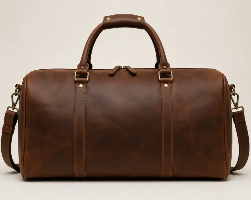 Brown Leather Duffel Bag for Travel | Custom Made Bags Brown leather duffel bag with durable handles, shoulder strap, zipper pocket and vintage finish.