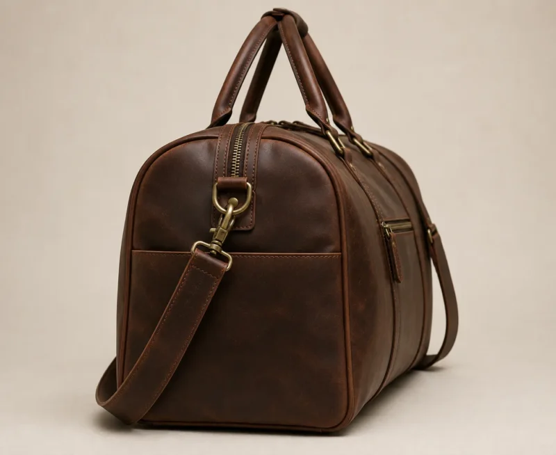 Premium Vintage Leather Duffel Bag | Travel Bag Manufacturer Premium brown vintage leather duffel bag with handles, shoulder strap, zipper pocket and brass hardware.