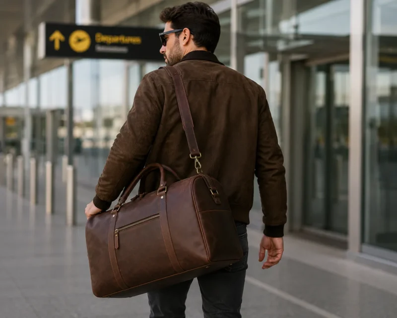 Brown Leather Duffel Bag | Stylish Travel Carry Bag Man wearing a brown leather duffel bag with shoulder strap outdoors.