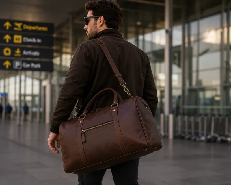 Vintage Brown Leather Travel Duffel Bag | Shoulder Carry Man carrying a vintage brown leather duffel bag with shoulder strap outdoors.