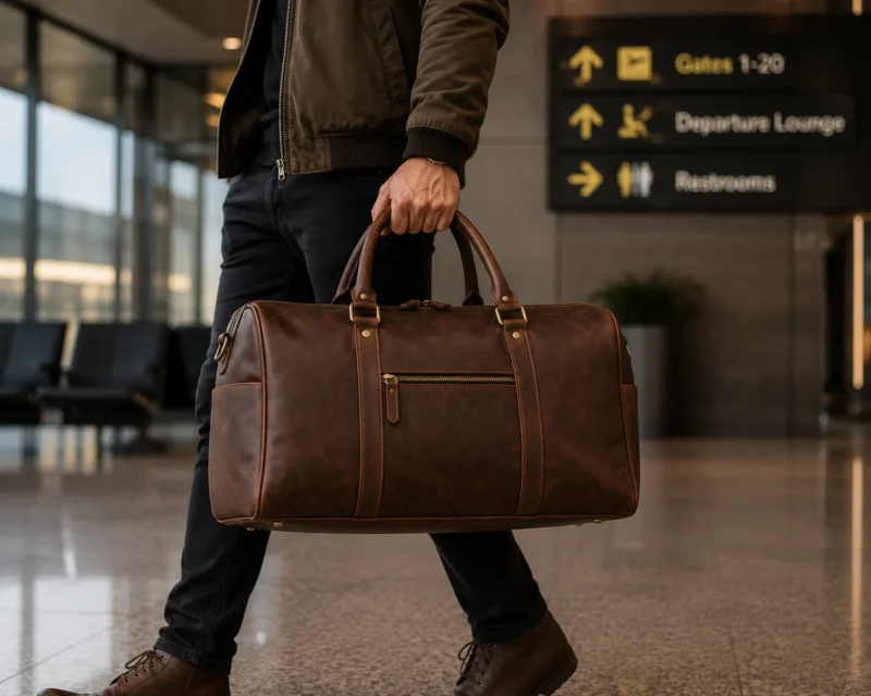 Leather Travel Duffel Bag | Premium Brown Carry Bag Man wearing a premium brown leather travel duffel bag outdoors.